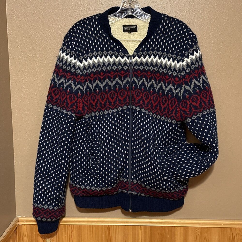 Vintage Christopher Rand Red Navy Cardigan Sweater Jacket Coat Size Large Sherpa